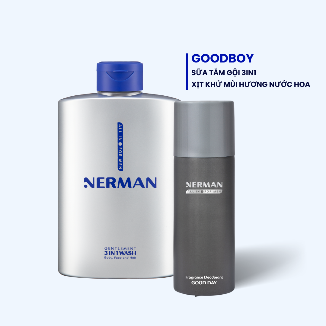 Combo Goodboy Nerman – Sữa tắm gội toàn thân 3in1 & Xịt khử mùi hương nước hoa Good Day