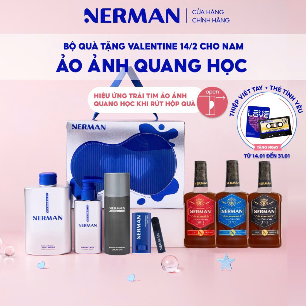 Bộ quà tặng cho nam ảo ảnh quang học Nerman – Sữa tắm gội 3in1 350ml & DDVS 100ml & Xịt khử mùi & LKM