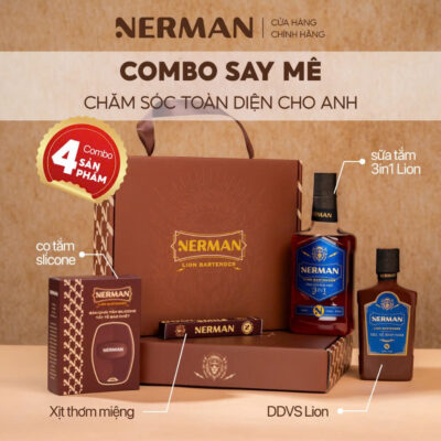 Combo say mê Nerman – Sữa tắm Lion Bartender 330g & DDVS Lion Bartender 100g & Xịt miệng Cool Smile chanh 10ml & Cọ tắm